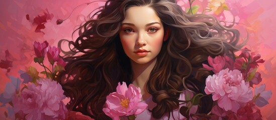 The womans head with long hair is framed by pink and violet flowers, petals gently brushing against her thigh in the painting - obrazy, fototapety, plakaty