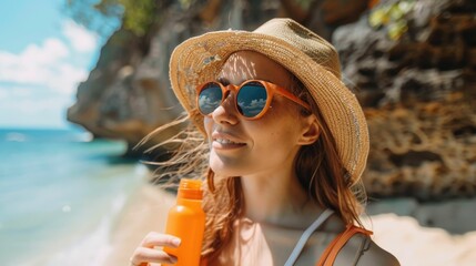 Woman in a sun hat and sunglasses is carefully applying sunscreen to her skin before heading out to enjoy the sunny,serene beach The tranquil ocean