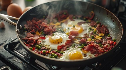 A stove-top pan filled with corned beef hash, eggs, and green beans cooking together. Generative AI - obrazy, fototapety, plakaty