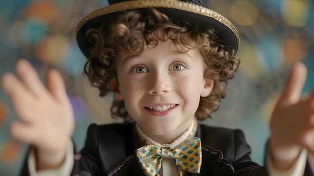 A young boy wearing a top hat and bow tie smiles at the camera.