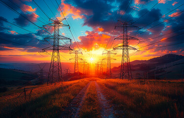 High voltage power lines and pylons in the setting sun