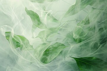 Fototapeta na wymiar Abstract green leaves swirling in misty white fog, creating a dreamy and ethereal texture, digital art