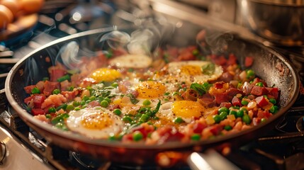 A stove-top pan filled with corned beef hash, eggs, and green beans cooking together. Generative AI - obrazy, fototapety, plakaty