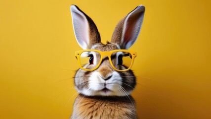 A rabbit with yellow glasses on yellow background. Copy space, place for text, empty space