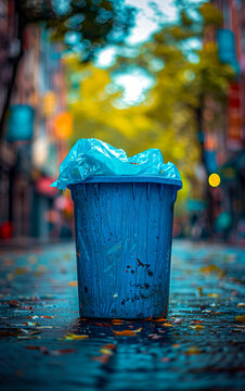 Blue trash can is seen on wet street with plastic bag covering it.