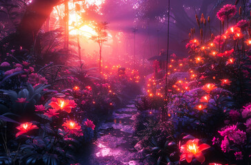 Magical forest with flowers and stream - obrazy, fototapety, plakaty