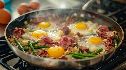 Foto op Plexiglas A stove-top pan filled with corned beef hash, eggs, and green beans cooking together. Generative AI © STOCKAI
