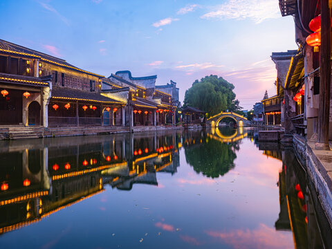 Sunset view of Nanxun, an ancient water town in Zhejiang Province, China.
