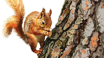 Squirrel eating a nut on a tree textured tree bark background