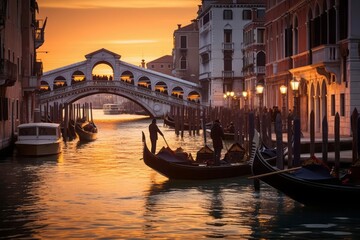 Fototapeta na wymiar A serene evening in Venice, Italy, where gondolas glide gracefully along the narrow canals, their gondoliers silhouetted against the backdrop of historic buildings.