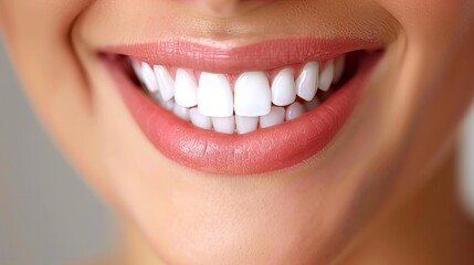 Fototapeta premium Woman undergoing dental treatment with copy space on blurred white background for text placement