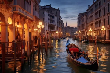 Deurstickers A serene evening in Venice, Italy, where gondolas glide gracefully along the narrow canals, their gondoliers silhouetted against the backdrop of historic buildings. © DK_2020