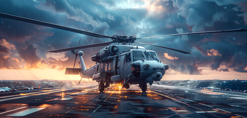 Military helicopter takes off from the aircraft carrier in the stormy ocean at sunset. - 769562895