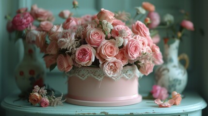 Obraz na płótnie Canvas Vintage Pink Rose Arrangement in a Pastel Round Box on a Delicate Lace Tablecloth