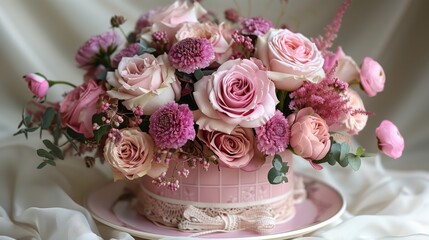 Elegant Pink Rose Bouquet on Vintage Cake Stand with Romantic Lace Detail