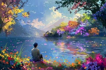 Anime-Style Digital Painting of Man Sitting by Lake, Surrounded by Colorful Flowers, Serene and Introspective Atmosphere