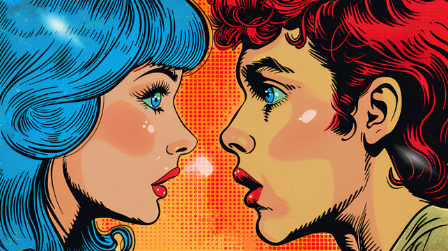 Pop Art Comic Panel Women With Blue Hair Talking with Man, Generative Ai