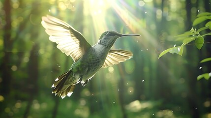 Tiny Jewel of the Sky: A Hummingbird Suspended in Time, Its Delicate Wings Fluttering in a Ballet of Grace, Capturing the Essence of Nature's Marvels in a Moment of Tranquil Beauty. - Powered by Adobe