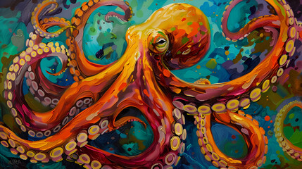 Abstract octopus portrait in Impasto paint style, generative ai