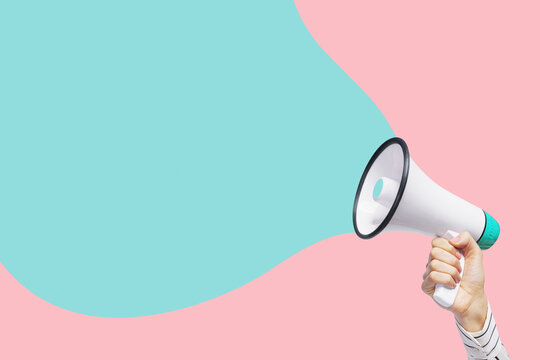Art collage. A woman with a megaphone. Promotion, action, ad, job questions, discussion. Speech bubble. Business concept, communication, information, news, team media relations.
