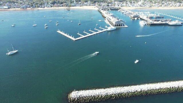 Aerial view of boats at sunny Provincetown Harbor in Massachusetts