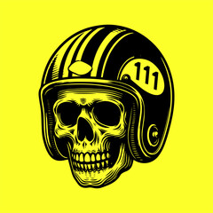 Skull in a motorcycle helmet, Vintage biker logo template, illustration 