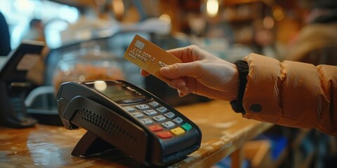 A person inserting a chip card into a card reader for payment. - obrazy, fototapety, plakaty