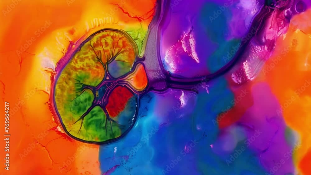 Aufkleber an endoscopic image of the urinary tract showing a deranged and distorted kidney due to the presence