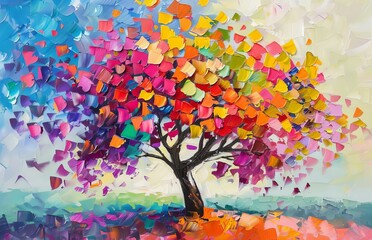 Colorful autumn tree with vibrant flowers, oil painting on canvas, impressionist style