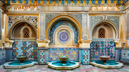 Stunning view of traditional Moroccan architecture featuring detailed tile work and elegant fountains