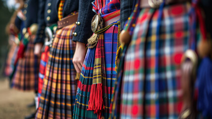 Image focuses on the tartan patterns of Scottish kilts worn by a row of people, possibly at a cultural event or gathering - obrazy, fototapety, plakaty