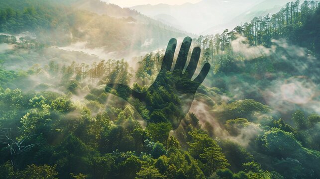 an abstract image blending a silhouette hand with a forest mountain landscape, symbolizing nature, ecology, and the call to save the planet