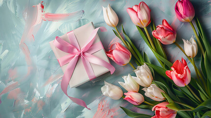 Tulips and Gift Box with Pink Ribbon on Pastel. Generative Ai