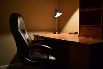 desk with office chair, single lamp on and casting shadows
