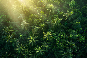 Aerial view of a tropical rainforest during sunrise