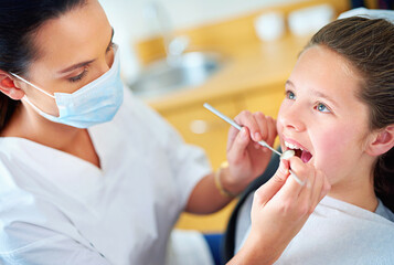 Woman, dentist and child for teeth consultation or appointment for dental cavity, whitening or...