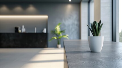 Modern black and white kitchen interior with sleek design and indoor plants

