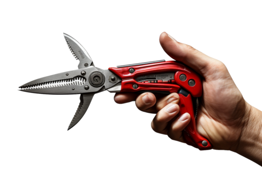 Crimson Cutter: A Hand Grasping Vibrant Red Scissors. On a White or Clear Surface PNG Transparent Background. - Powered by Adobe