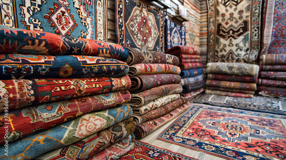 Aufkleber high-quality image of neatly rolled and stacked oriental rugs, emphasizing the variety of patterns
