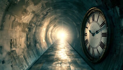 time tunnel, clock on the wall, light at the end of the tunnel