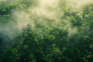 Fototapeta na wymiar Aerial view of a tropical rainforest during sunrise