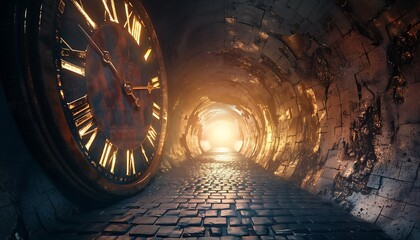 time tunnel, clock on the wall, light at the end of the tunnel