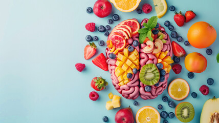 Fototapeta na wymiar Brain with fruits, concept of healthy living and eating healthy food Generative AI