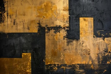 Dark gold and black abstract painting with geometric rectangles and rough brushstrokes, oil on canvas closeup