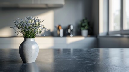 Modern black and white kitchen interior with sleek design and indoor plants  