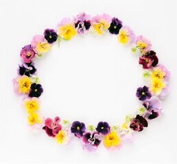 春の花のフレーム、白背景にビオラとパンジーの花輪