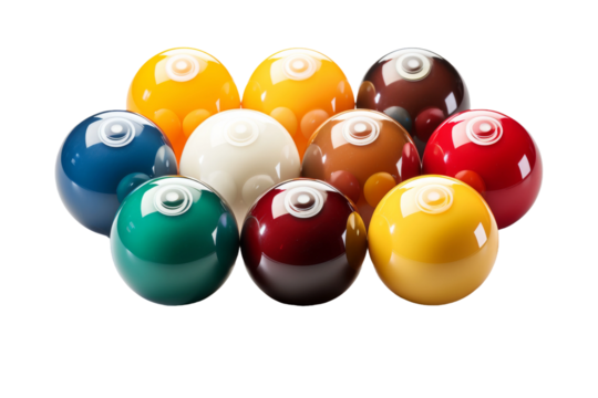 Symphony of Spheres: Vibrant Pool Balls Aligned in Harmony. On a White or Clear Surface PNG Transparent Background.