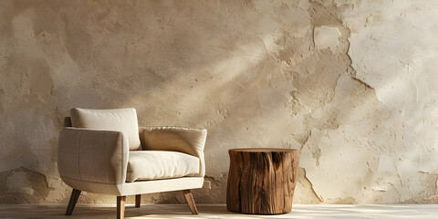 Minimalist Interior Design with Beige Colored Cracked Wall, Realistic Plain Room Reclining Chair and Woody Stem Table 