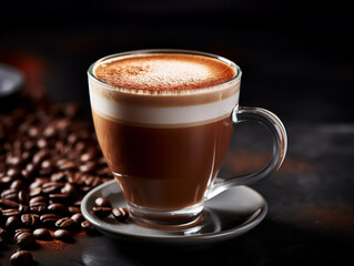 Morning cappuccino, coffee with milk, glass clear cup, neutral background.