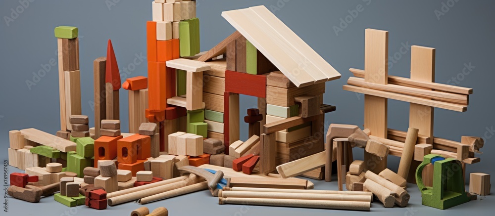 Poster a fixture made of wood, these blocks are stacked to form a building material facade. a composite mat